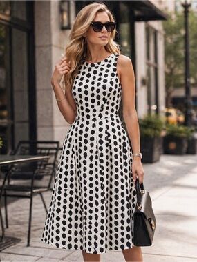 White House Black Market Women’s 14 Black White Polka Dot Fit Flare Midi Dress